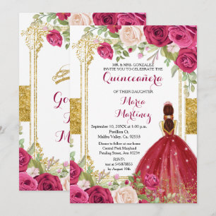Roses rouges Fleurs or Quinceanera Invitation