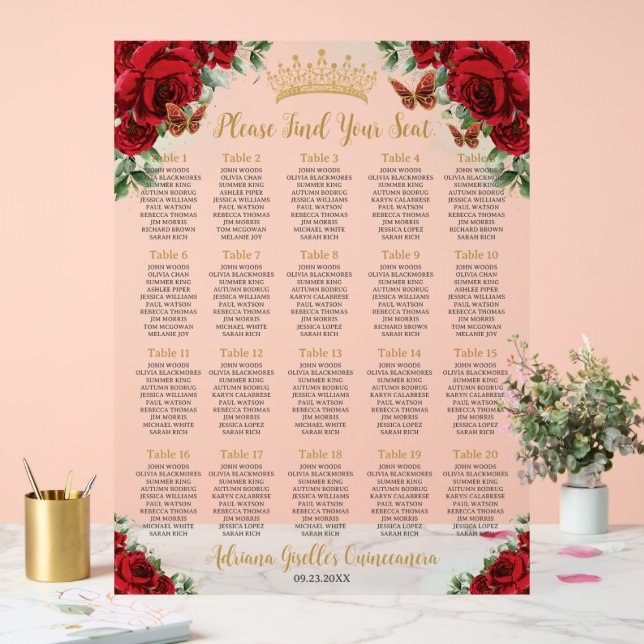 Roses Rouges Floral Sweet 15 16 Quinceañera Placem (Mariage)