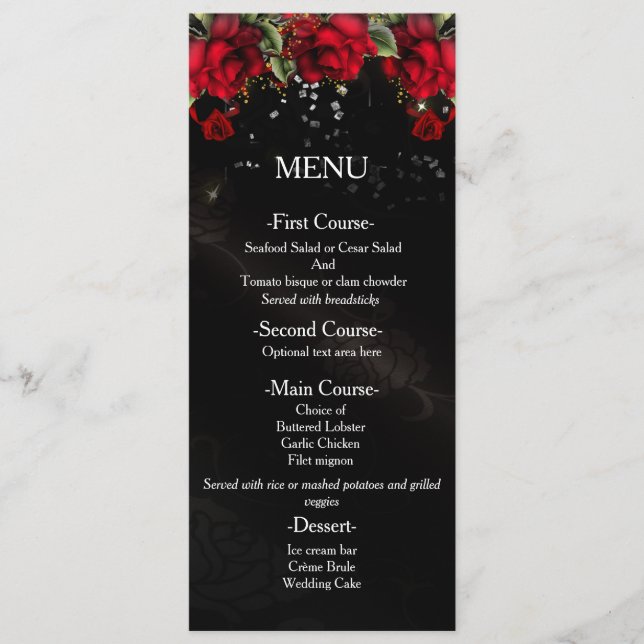 Roses rouges sur la carte de menu Mariage noir (Devant)