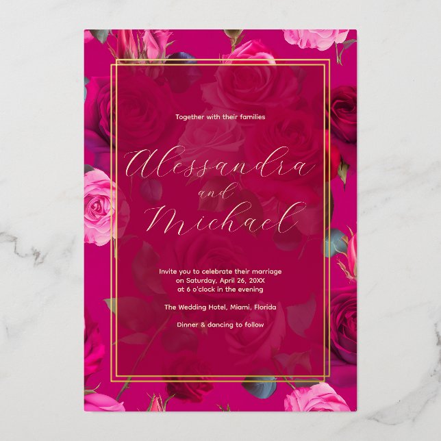 Roses über Viva Magenta | Hochzeit Folieneinladung (Vorderseite)