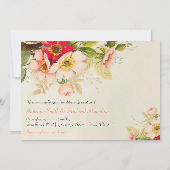 Roses vintages Blush Floral Wedding Invitations (Devant)