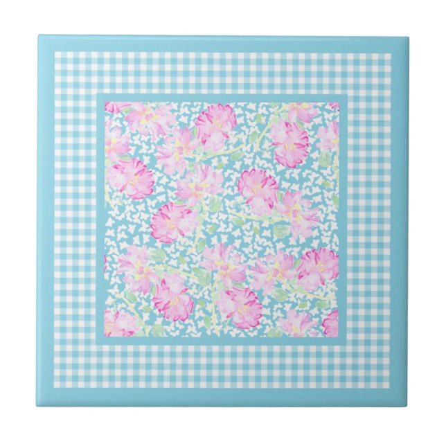 Roses White Butterfells Gingham Keramik Tile Fliese (Vorderseite)