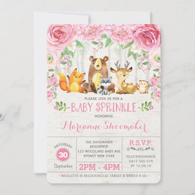 Roses Woodland Girl Baby Sprinkle Einladung (Vorderseite)