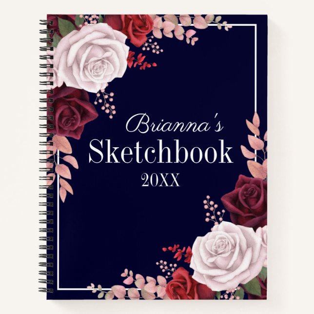 Roses Your Name Navy Blue Sketchbook Notizbuch (Vorderseite)