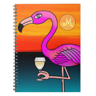 Roséwein trinkender Flamingo mit Monogramm Notizblock