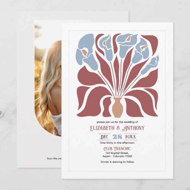 Rosewood & Mist Abstract Floral Boho Wedding Einladung (Vorne/Hinten)