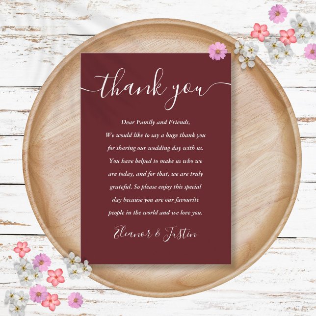 Rosewood Pink Elegant Script Wedding Vielen Dank Platzkarte (Rosewood Pink Elegant Script Wedding Thank You Place Card)