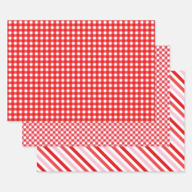Rosey rote, weiße und rosa romantische Geometrie Geschenkpapier Set (Set)