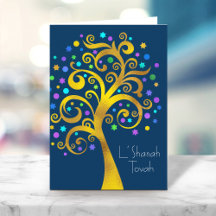 Rosh Hashanah Blue Gold Foil Tree of Life on Navy