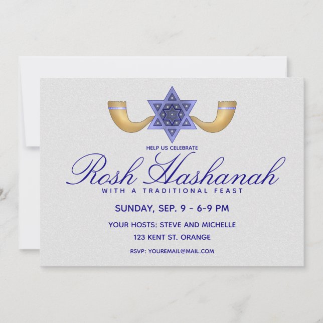 Rosh Hashanah Blue Star von David und Gold Shofars Einladung (Vorderseite)
