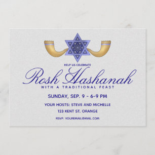 Rosh Hashanah Blue Star von David und Gold Shofars Einladung