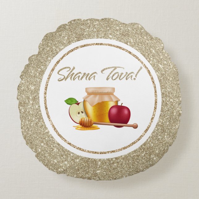 Rosh Hashanah, eleganter Glitzer von White and Gol Rundes Kissen (Vorderseite)