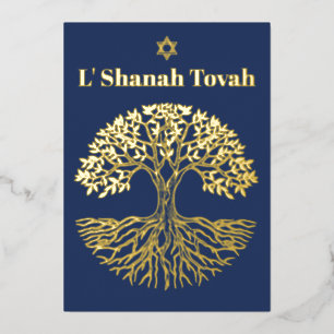 Rosh Hashanah Goldfolie Baum des Lebens Blau Folien Feiertagskarte