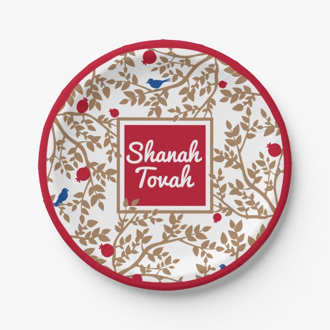 Rosh Hashanah Juwish New Year Bird & Pomegranates Pappteller (Vorderseite)