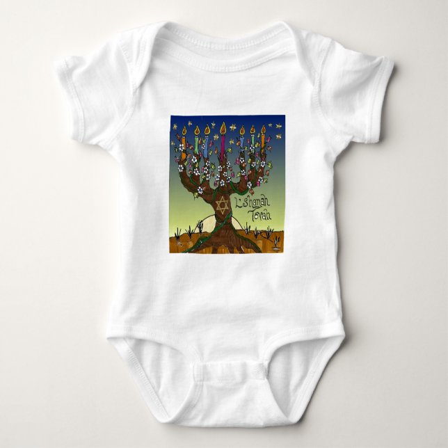 Rosh Hashanah L'Shanah Tovah Baum des Lebens Menor Baby Strampler (Vorderseite)