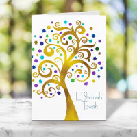 Rosh Hashanah Modern Gold & Blue Foil Tree of Life