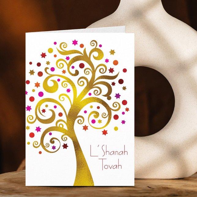 Rosh Hashanah Modern Red Gold Foil Tree of Life Karte (Von Creator hochgeladen)
