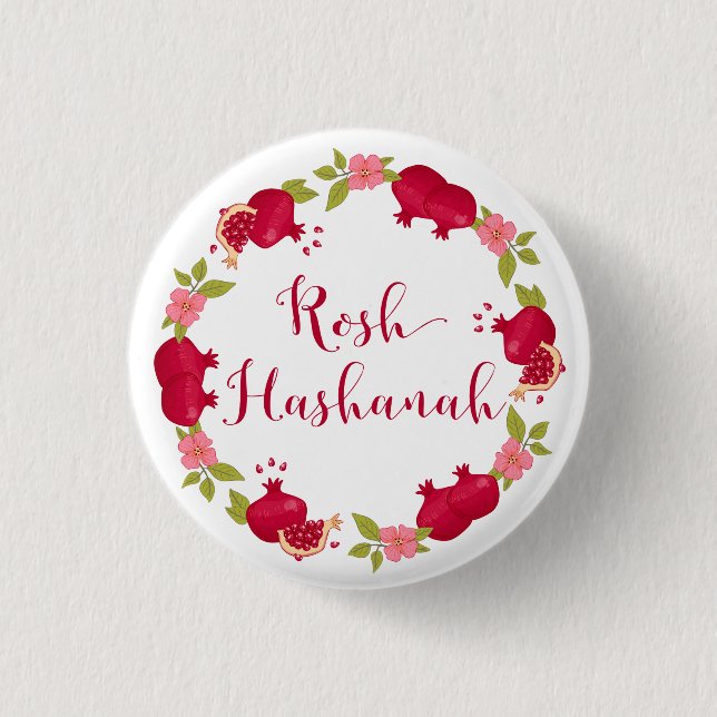 Rosh Hashanah Neujahr Granatapfel Blume Wreath Button (Vorderseite)