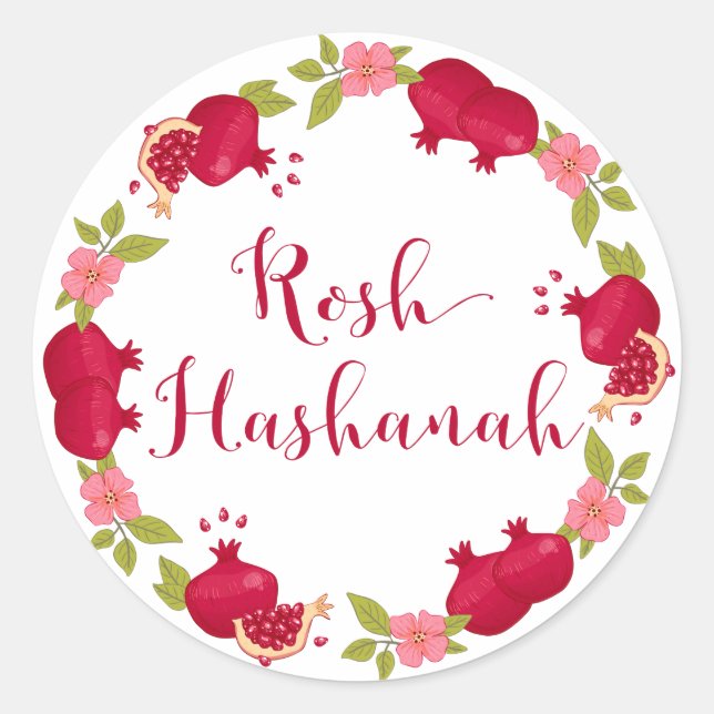 Rosh Hashanah Neujahr Granatapfel Blume Wreath Runder Aufkleber (Vorderseite)
