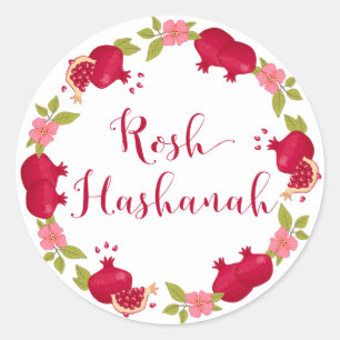 Rosh Hashanah Neujahr Granatapfel Blume Wreath Runder Aufkleber
