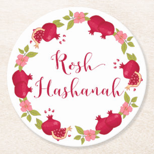 Rosh Hashanah Neujahr Granatapfel Blume Wreath Runder Pappuntersetzer