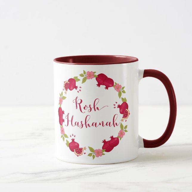 Rosh Hashanah Neujahr Granatapfel Blume Wreath Tasse (Rechts)