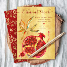 Rosh Hashanah Red Watercolor Pomegranat auf Gold