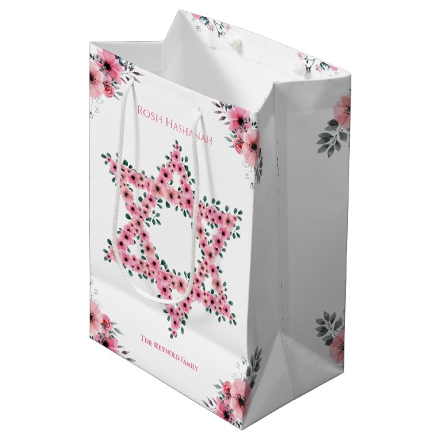 Rosh Hashanah Star von David Pink Blume White Mittlere Geschenktüte (Vorderseite Schrägansicht)