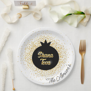 Rosh Hashanah White Black Gold Funkelnd Pomegranat Pappteller