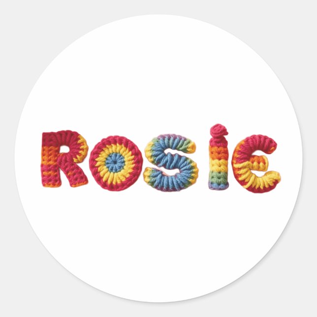 Rosie Name in lebendigem Crochet-Muster Runder Aufkleber (Vorderseite)