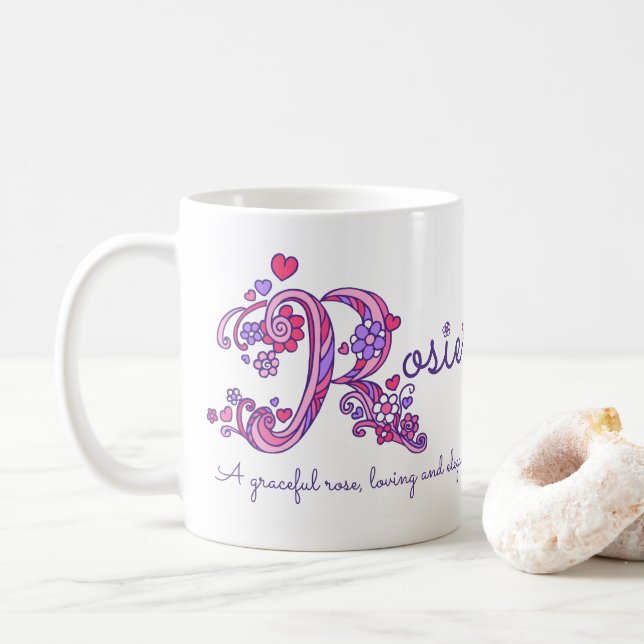 Rosie Namensbedeutungsgekritzel-Blumen- und Kaffeetasse (Mit Donut)