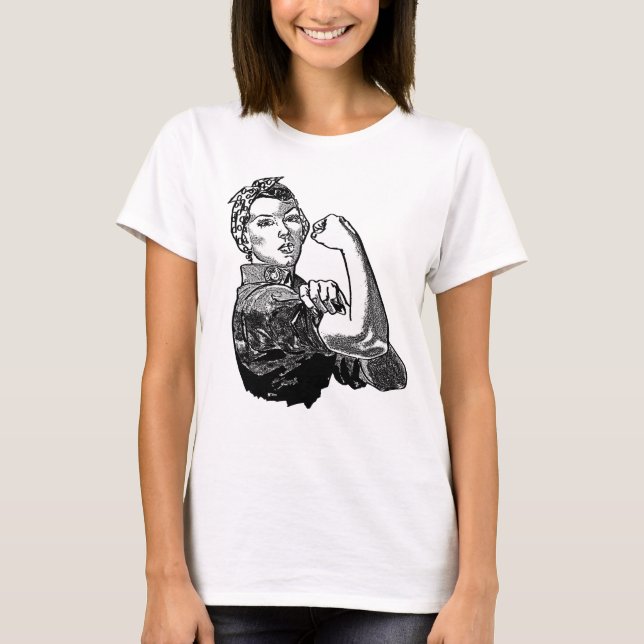 Rosie-The-Riveter Feminist Graphic Line Art Black T-Shirt (Vorderseite)