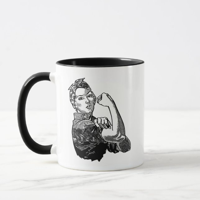 Rosie-The-Riveter Feminist Line-Art Grafik Tasse (Links)