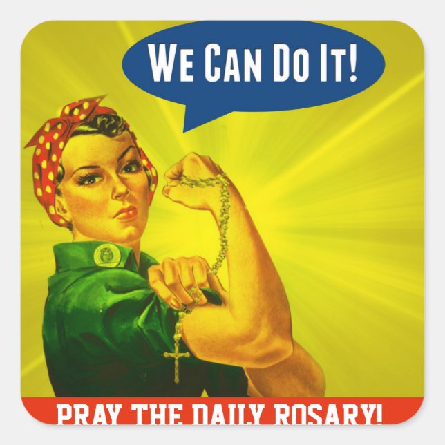 Rosie the Riveter Holy Rosary Personalisiertes Zit Quadratischer Aufkleber (Vorderseite)