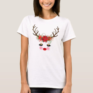 Rosige Wangen Goldene Augen Florales Rentier Weihn T-Shirt