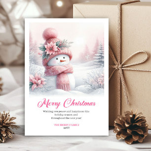 Rosiger schneebedeckter rosa Schneemann Kinderkart Feiertagskarte