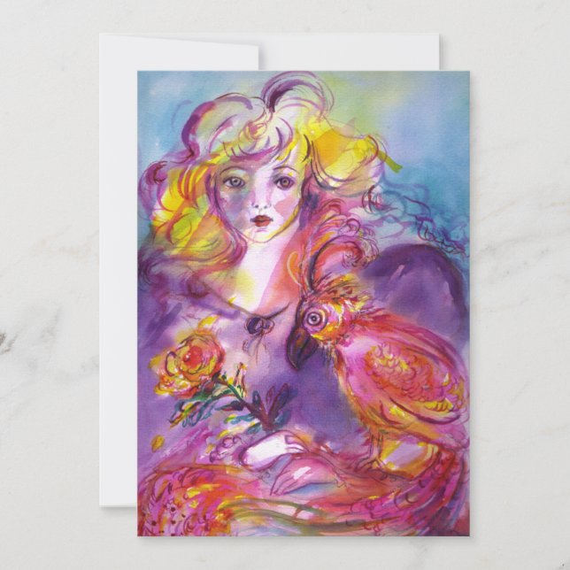 ROSINA/LADY MIT ROSE UND PARROT Rosa Blau Einladung (Vorderseite)