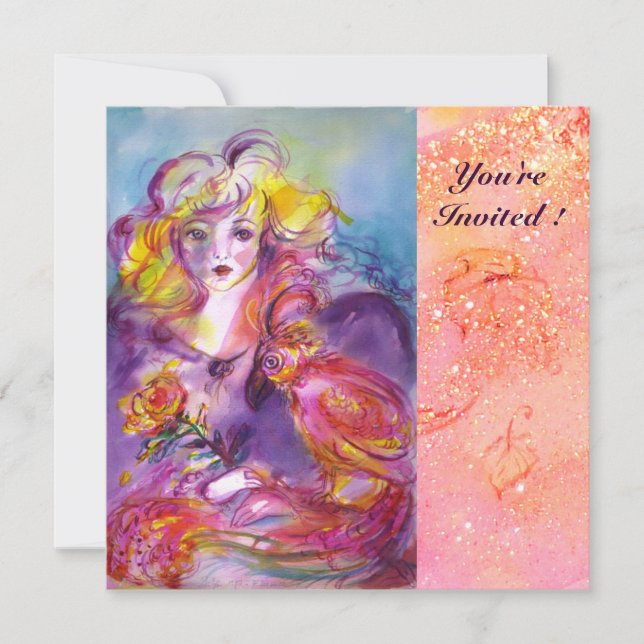 ROSINA/LADY, ROSE UND PARROT, rosa Brautparty Einladung (Vorderseite)