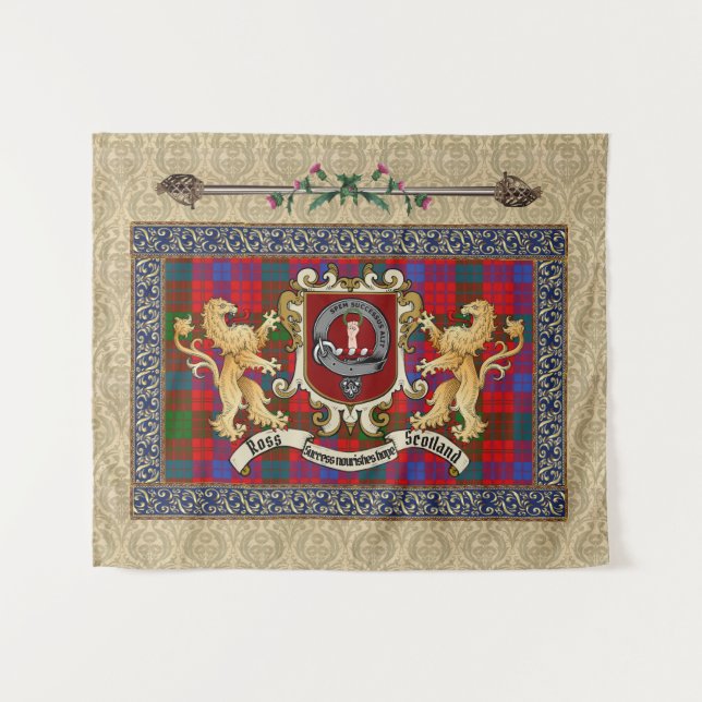 Ross Clan Abzeichen & Tartan mit Löwen Wandteppich (Vorderseite (Horizontal))