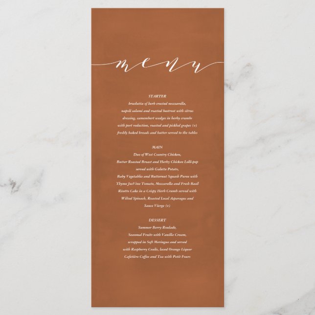 Rost + elegante weiße Wasserfarbe bemalt Hochzeit Menükarte (Vorderseite)