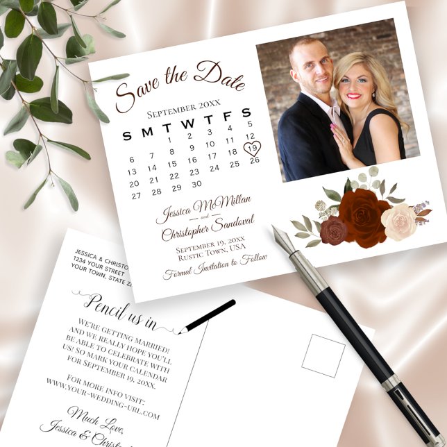 Rost-Orange-Rose Foto und Kalender Save the Date Ankündigungspostkarte (Von Creator hochgeladen)