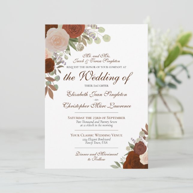 Rost Orange Wasserfarben Rose Feierliche Hochzeit Einladung (Stehend Vorderseite)