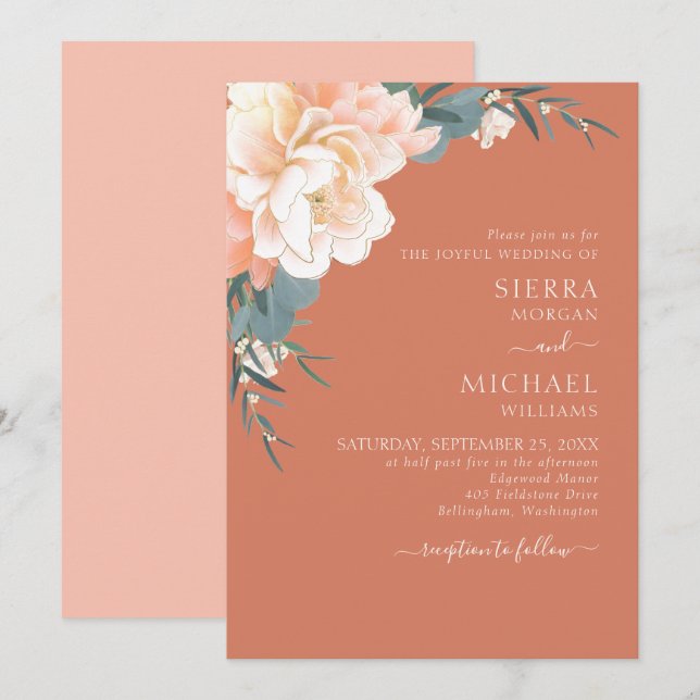 Rost Terracotta Blush Peach Gold Floral Wedge Einladung (Vorne/Hinten)