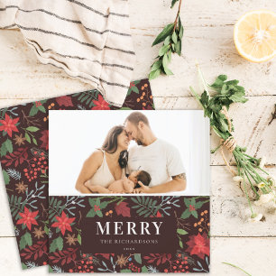 Rostbraunes fröhlichstes Weihnachtsblumenmuster-Fo Feiertagskarte