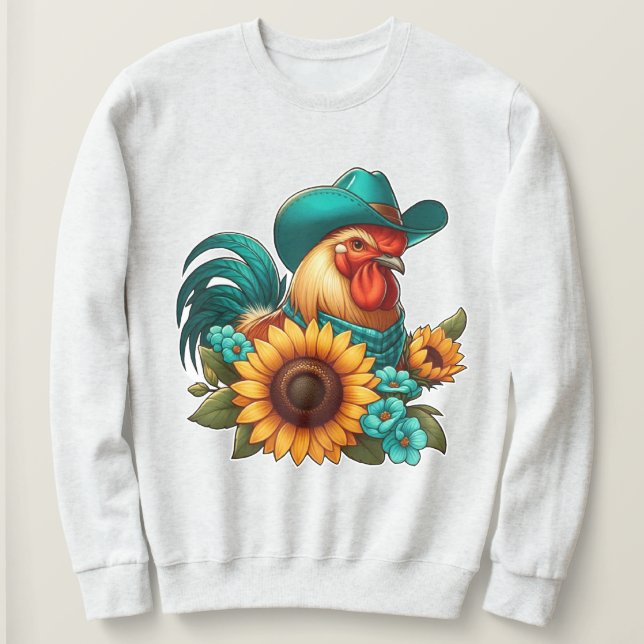 Roster mit Aquamarinem Hut und Sonnenblumen Sweatshirt (Design vorne)