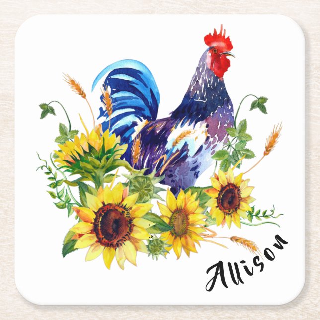 Roster mit Sonnenblumen Personalisiert Rechteckiger Pappuntersetzer (Vorderseite)
