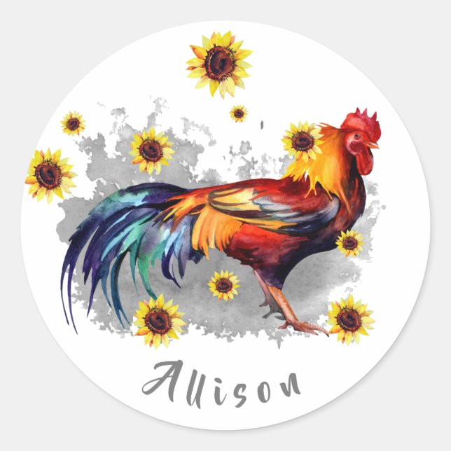 Roster mit Sonnenblumen Personalisiert Runder Aufkleber (Vorderseite)