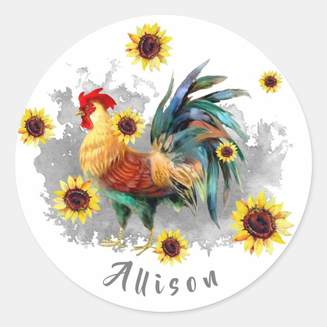 Roster mit Sonnenblumen Personalisiert Runder Aufkleber (Vorderseite)
