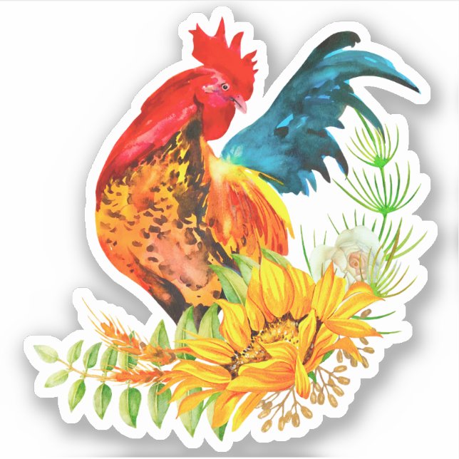 Roster mit Sonnenblumen Vinyl Sticker (Vorderseite)