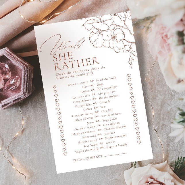Rostfloral würde sie lieber Brautparty spielen (Rust floral would she rather bridal shower game)
